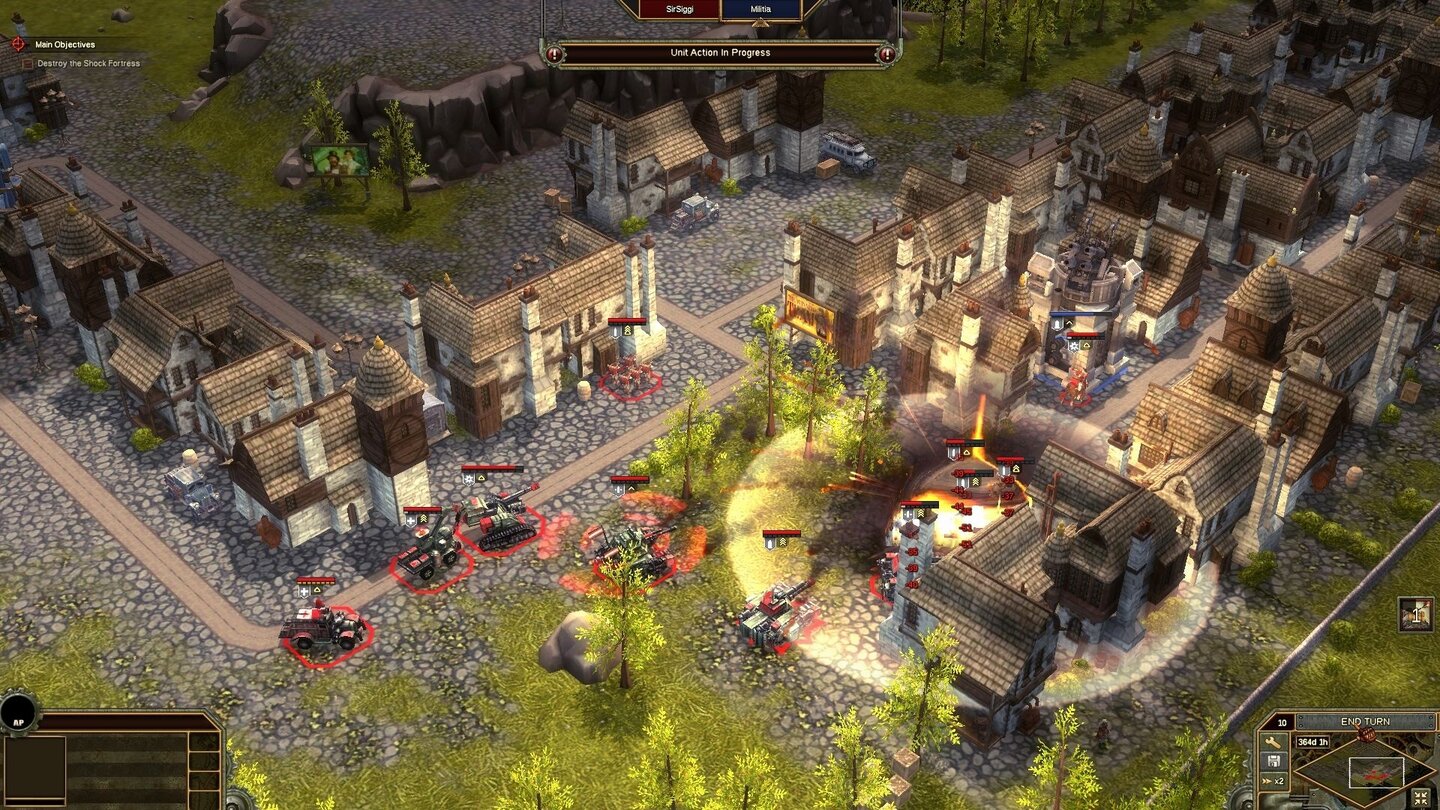 Iron Grip: MaraudersIn der Stadt lauert ein Vierlings-Geschütz (Mitte rechts) und erwischt drei Einheiten gleichzeitig.