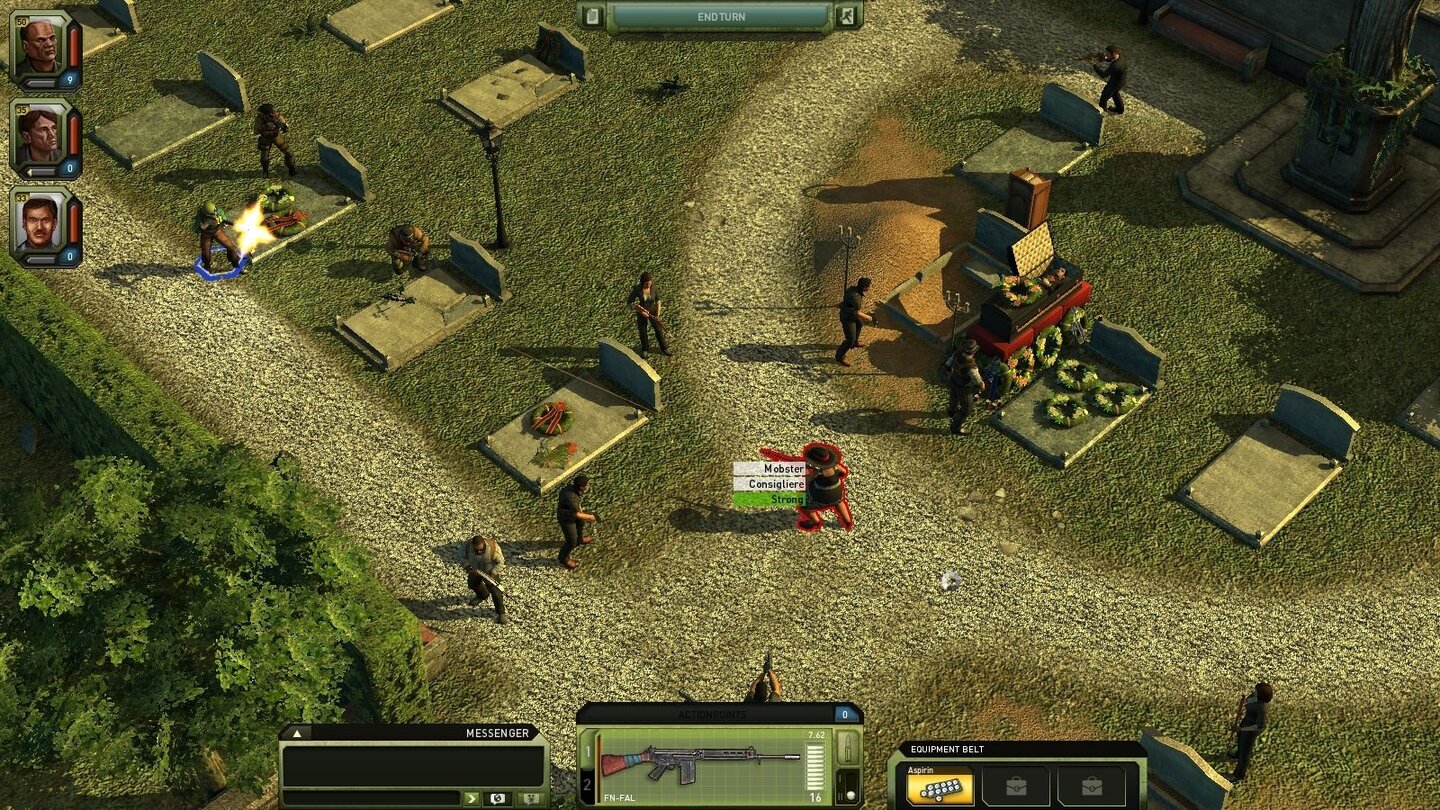 Jagged Alliance OnlineBeim Mafia-Begräbnis ist sogar der Pfarrer bewaffnet (oben rechts).