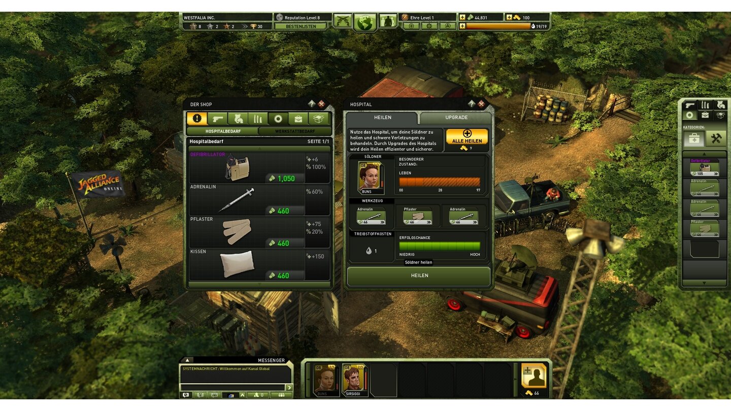 Jagged Alliance OnlineIn unserer Basis flicken wir angeschlagene Söldner und Ausrüstung wieder zusammen. Adrenalin, Pflaster und Spritzen erhöhen die Heilungswahrscheinlichkeit (grüner Balken rechts unten) und die Menge an geheilten Hitpoints (schraffierte Fläche im orangen Balken).