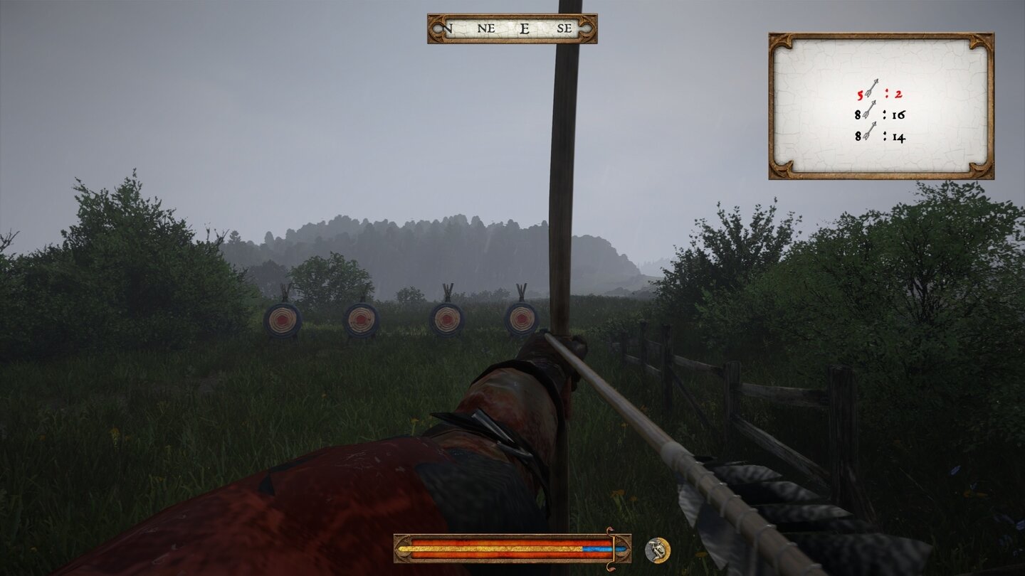 Kingdom Come: DeliveranceBogenschießen: Wir zielen entlang des Pfeils, es gibt kein Fadenkreuz.