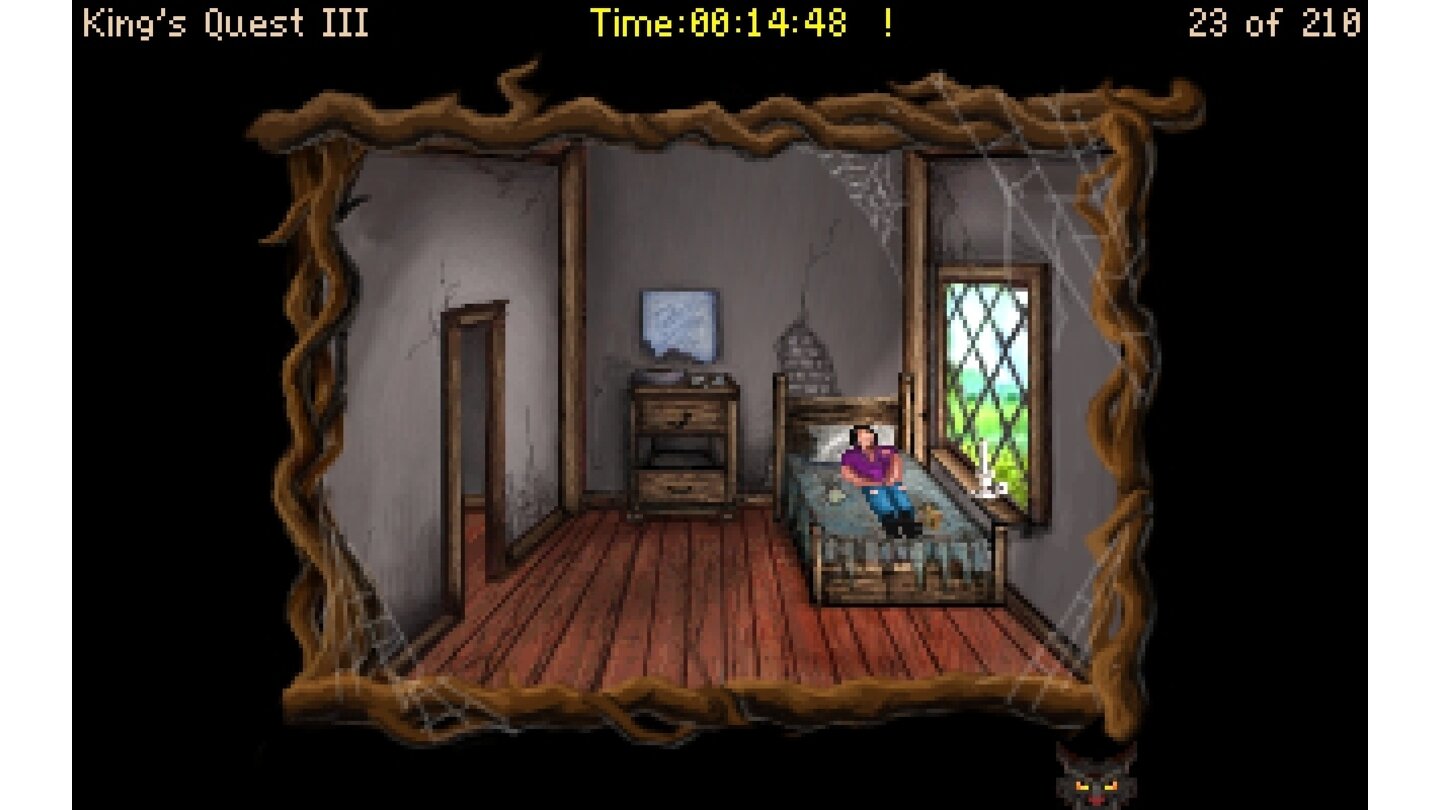 King's Quest 3 ReduxZeitsprung: Gwydion kann in seinem Bett schlafen, um zum nächsten Erscheinen Manannans vorzuspringen. Das verhindert nervige Wartezeiten.