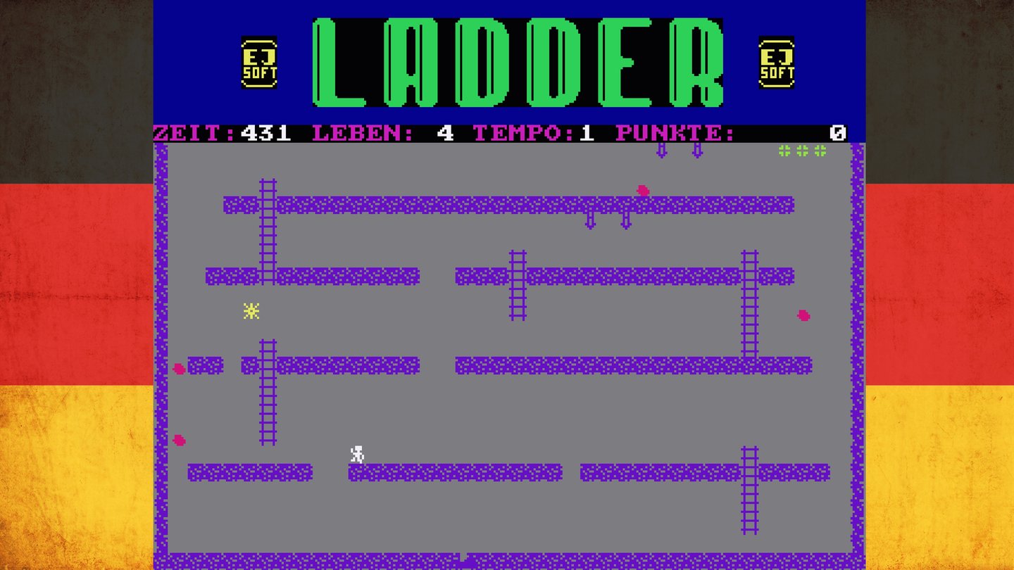 LadderEin beliebter Donkey-Kong-Klon, nur ohne Riesenaffe, »Jump Man« und Prinzessin: Man klettert Leitern empor und hüpft über Abgründe, während von oben Felsbrocken herabrollen. Auf Bürocomputern lief eine Variante des Spiels in simpler ASCII-Zeichensatzgrafik.