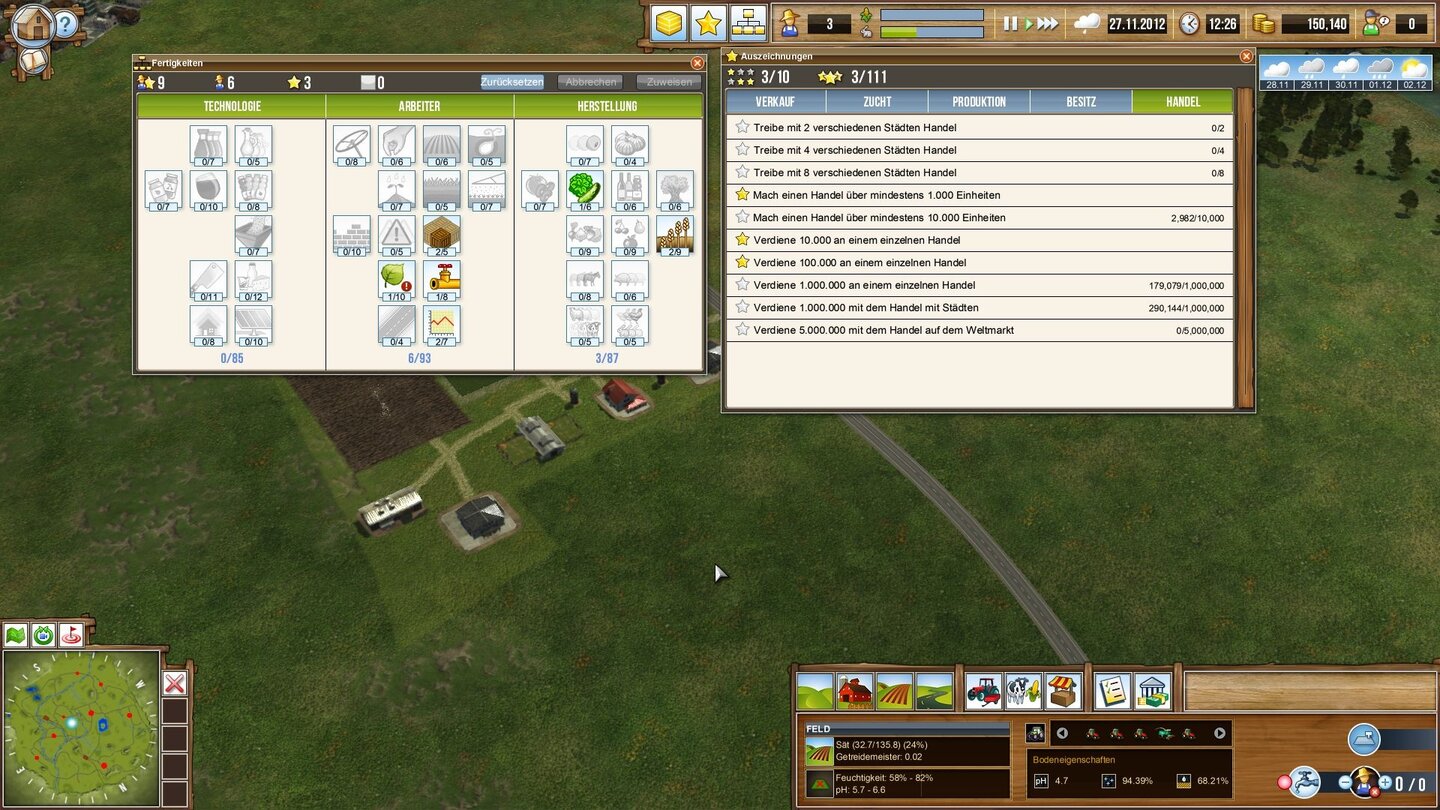 Landwirtschafts GigantFür geschaffte Vorgaben (rechts) erhalten wir neben Auszeichnungen auch noch Fertigkeitspunkte, die wir in die Verbesserung verschiedener Werte (links) stecken.