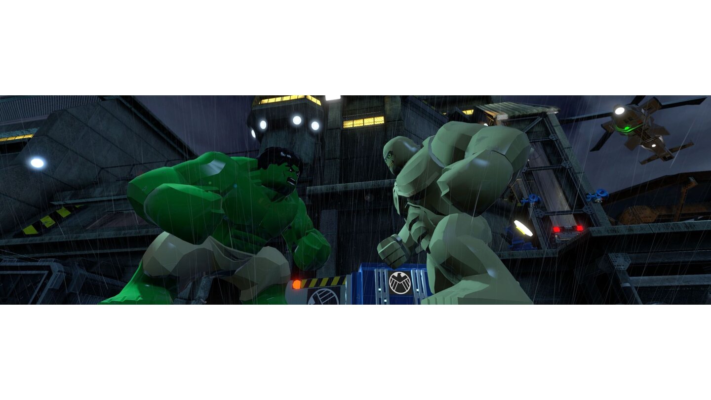 Lego Marvel Super HeroesHulk und Abomination im Zweikampf: Was hier noch düster und grimmig aussieht, entpuppt sich als lustige Slapstick-Rangelei.