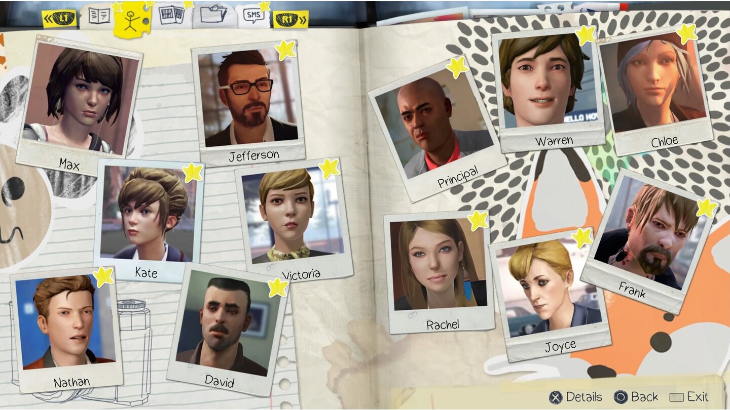 Life is Strange - Episode 3: Chaos TheoryDamit man auch nach der langen Pause zwischen den Episoden noch weiß, wie die Story verlief, hat Dontnod ein Tagebuch integriert. Das virtuelle Heftchen zeigt zudem alle Motive an, von denen man optionale Fotos knipsen soll.