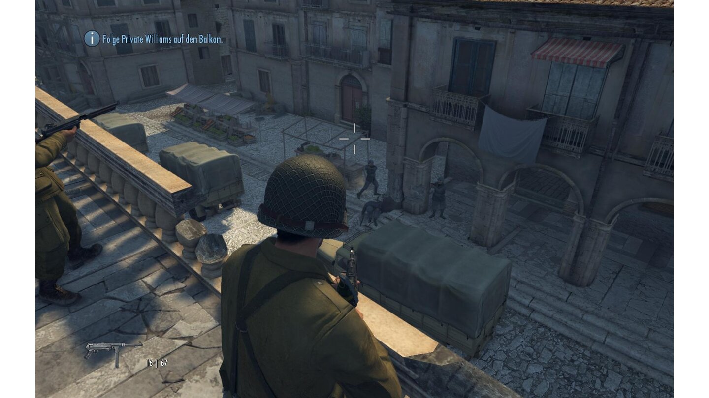 Die alte Heimat Spätestens auf dem ersten Balkon sollten Sie Waffe aus dem Vorratsraum benutzen. Bekommen Sie die Gegner nicht unter Kontrolle, können Sie die LKWs mit gezielten Schüssen auf den Tank zur Explosion bringen.