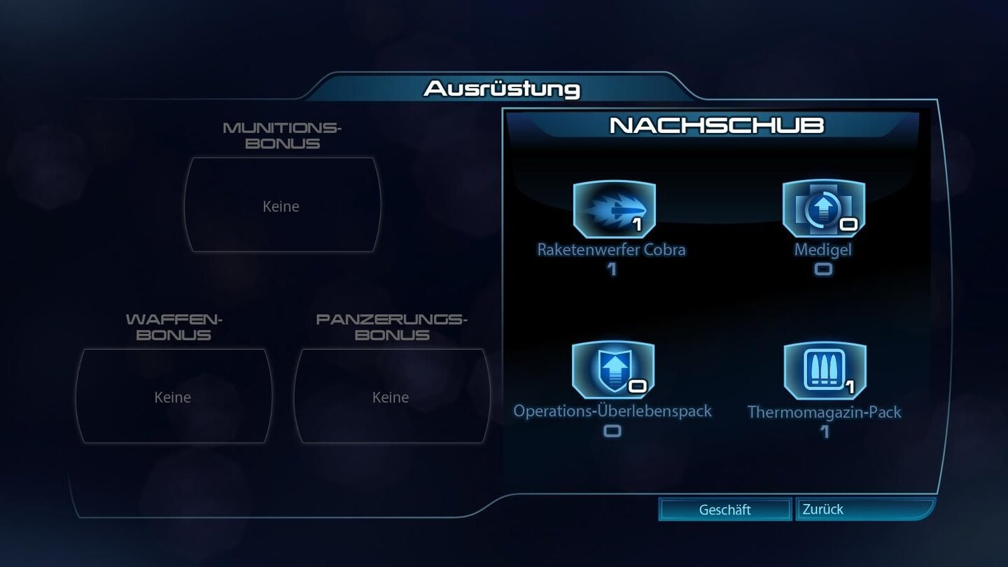 Mass Effect 3 - Multiplayer-DemoUnter Ausrüstung packen wir unserem Kämpfer verbrauchbare Extras wie Medi-Gel, Munitionspacks, Schild- oder Waffenverbesserungen ein.