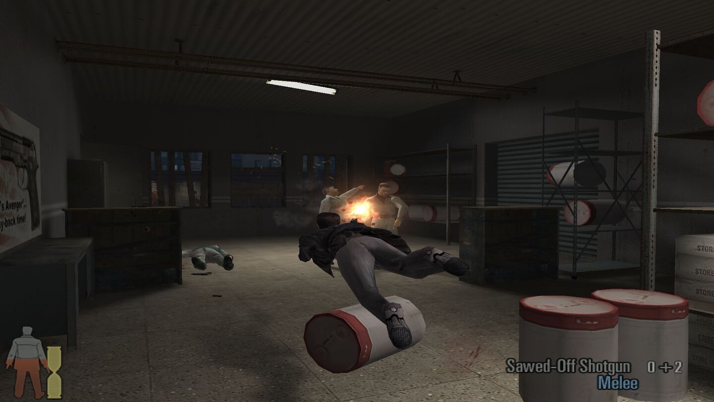 Max Payne 2…Hechtsprünge, die Max auf Knopfdruck ausführt. Dann verlangsamt sich nämlich die Zeit, genau wie…