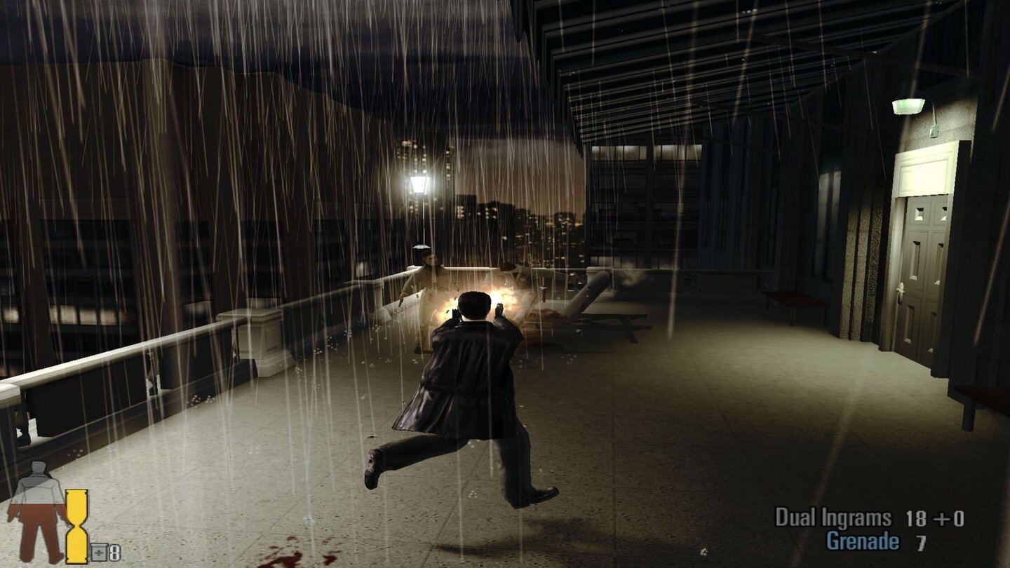 Max Payne 2…schalten wir außerdem direkt in den Zeitlupen-Modus (Bullettime). Das hätten wir in der nächsten Szene besser getan…