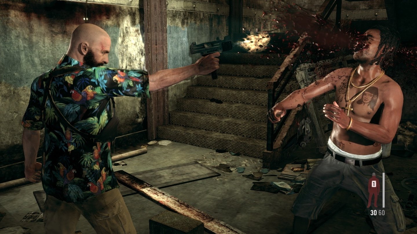 Max Payne 3Die Gewaltdarstellung in Max Payne 3 ist nicht ohne: Dank Bullet-Cam könnt ihr den letzten Gegner einer Angriffswelle in Zeitlupe zersieben.