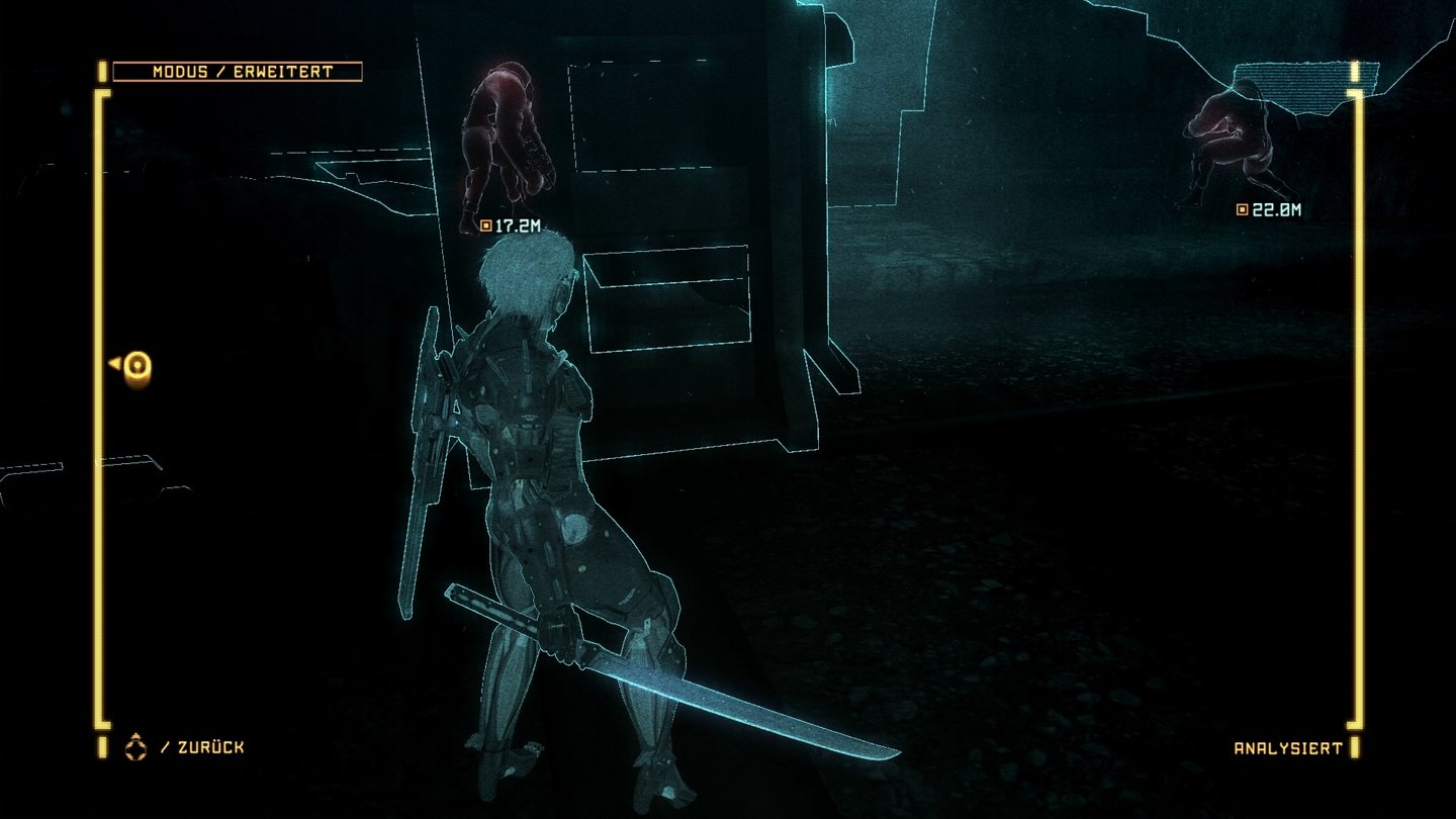 Metal Gear Rising: RevengeanceJederzeit können wir einen Scan-Modus aktivieren, der uns Gegner und Items durch Wände hindurch anzeigt.