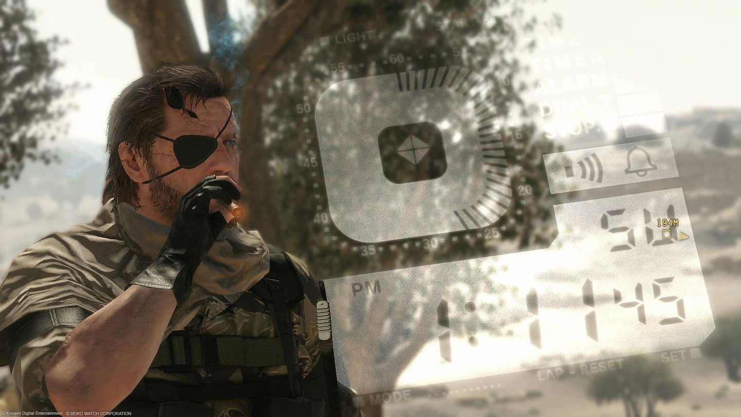 Metal Gear Solid 5: The Phantom PainWichtige Informationen liest Snake vom Display seiner Digitaluhr ab.