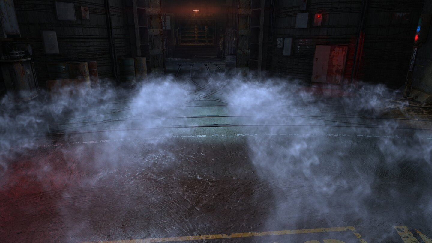 Durch PhysX wirkt der Nebel über dem Boden viel realistischer und breitet sich langsam im Raum aus. Laufen wir hindurch, wirbeln wir den volumetrischen Nebel auf und schneiden kleine Schneisen hinein.