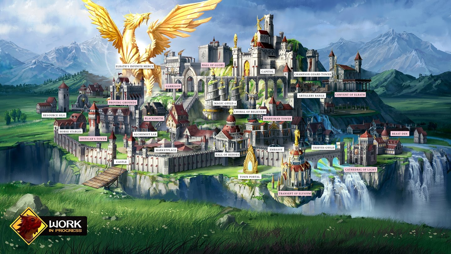 Might & Magic: Heroes 7Endlich wieder da: die Stadtbildschirme. Hier eine ausgebaute Zuflucht-Metropole.