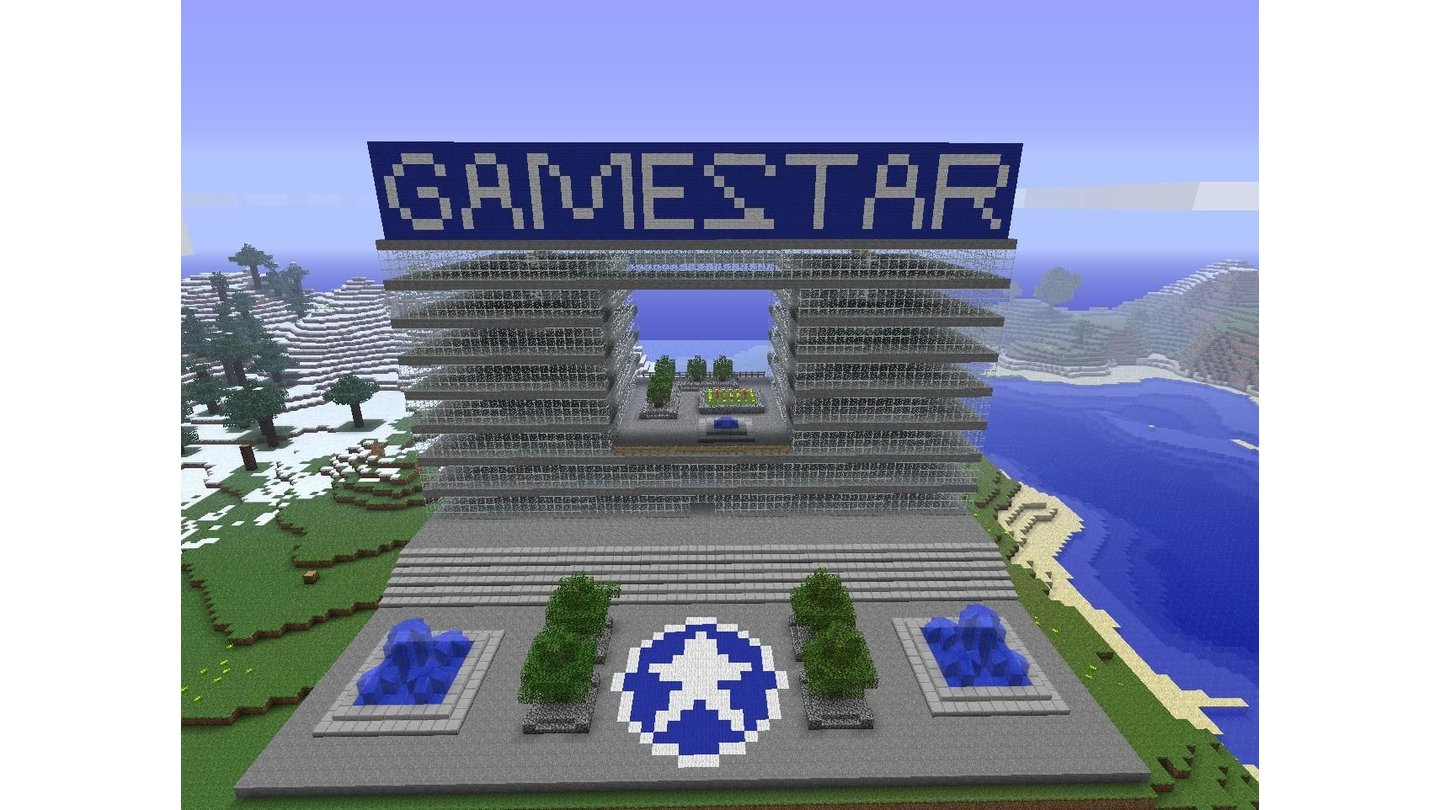 Minecraft - Interaktiv-WettbewerbDieser GameStar-Palast aus Glas und Beton von Jonathan Pavlousek bietet neben dem riesigen Schriftzug und dem Logo auch einen kleinen Dachgarten.