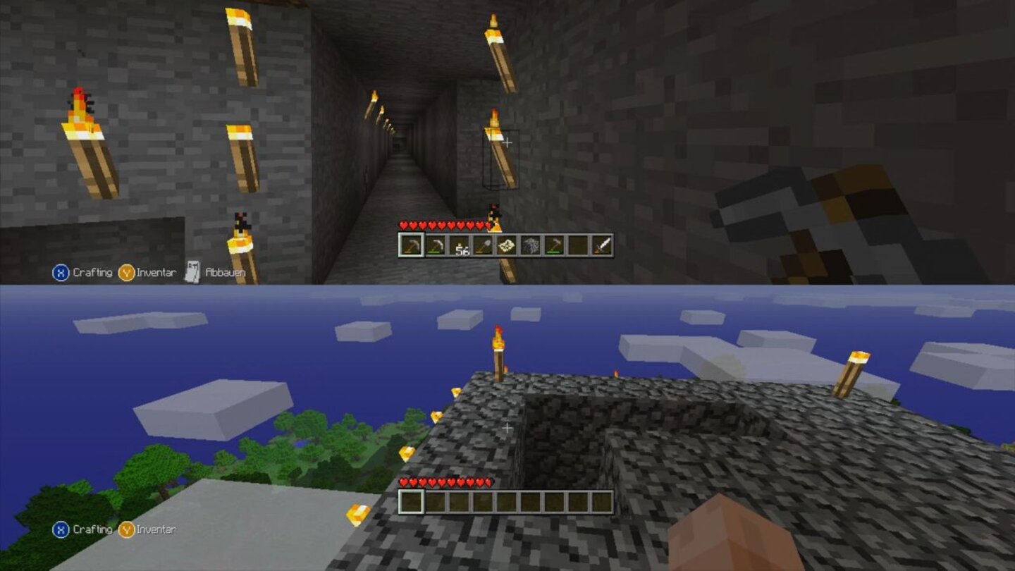 Minecraft: Xbox 360 EditionWährend Spieler 1 durch die Dungeons kreucht, genießt Spieler 2 die Aussicht auf dem mühsam errichteten Turm.