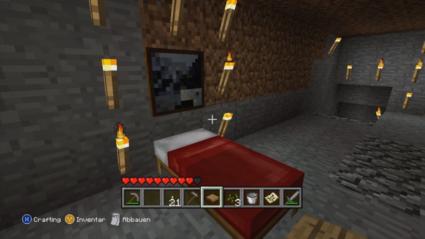 Minecraft: Xbox 360 EditionGute Nacht! Mit einem Bett aus Holz und Wolle lässt sich die Nacht schnell überbrücken – wenn keine Monster in der Nähe sind.