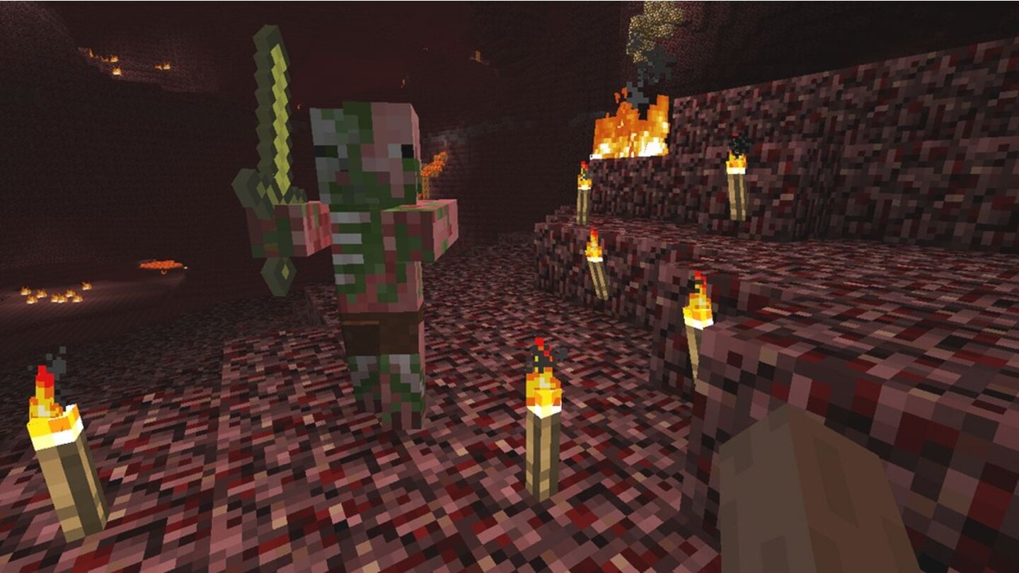 MinecraftIm Nether, der Unterwelt, gibt es nicht nur gefährliche Lavaströme, sondern auch MOnster wie die Zombie-Pigmen. Diese untoten Schweinemenschen haben sogar Schwerter!