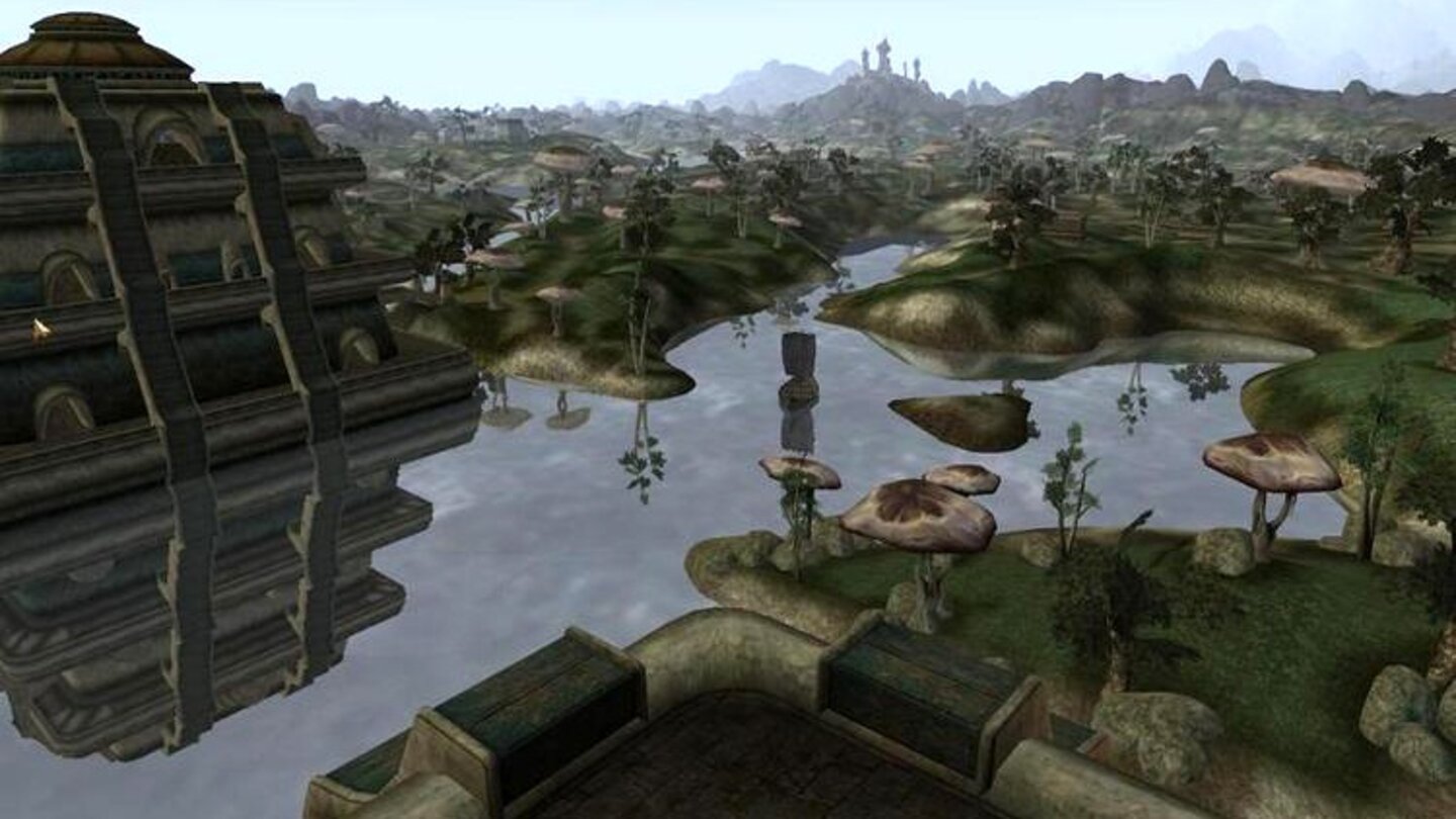The Elder Scrolls 3: Morrowind (2002)Morrowind ist der erste Titel, der 2002 von den programmierbaren Grafikkarten wie der Geforce 3 mit DirectX-8-Unterstützung Gebrauch macht. Legendär bleibt die völlig neue Art der Wasserdarstellung inklusive Spiegelungen.