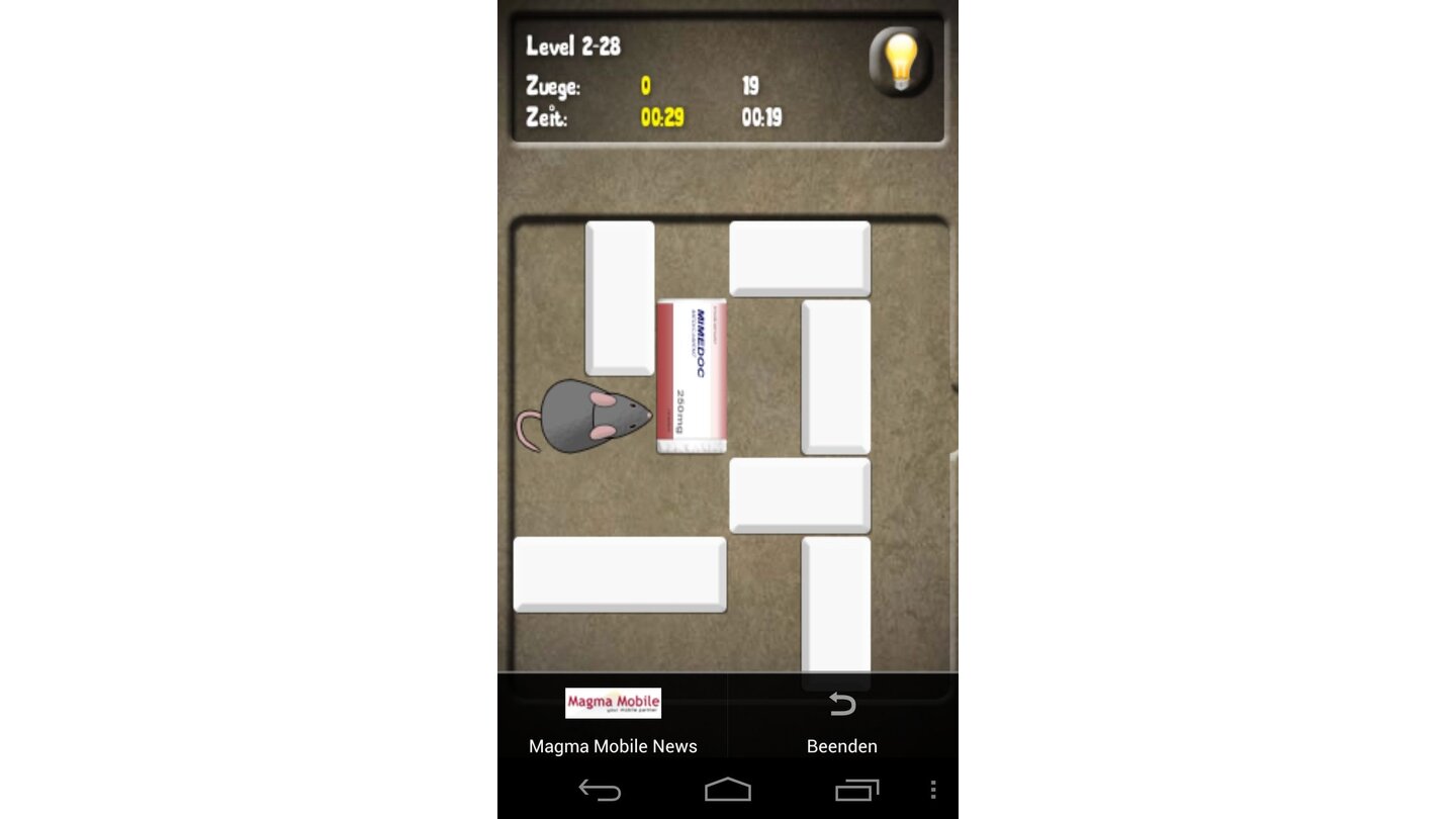 MouseDas Knobelspiel Mouse wirkt im ersten Moment recht simpel: Sie verschieben unterschiedlich angeordnete und verschieden große Blöcke so, dass die Labormaus auf einer geraden Bahn aus dem Käfig fliehen kann. Aber bereits nach dem Tutorial steigt der Schwierigkeitsgrad spürbar an und das anfangs simple Prinzip erfordert schon bald angestrengtes Nachdenken. Der Umfang des Spiels ist immens, 33 verschiedene Orte mit jeweils bis zu 100 Leveln gilt es zu meistern. (Lauffähig ab Android 1.5)