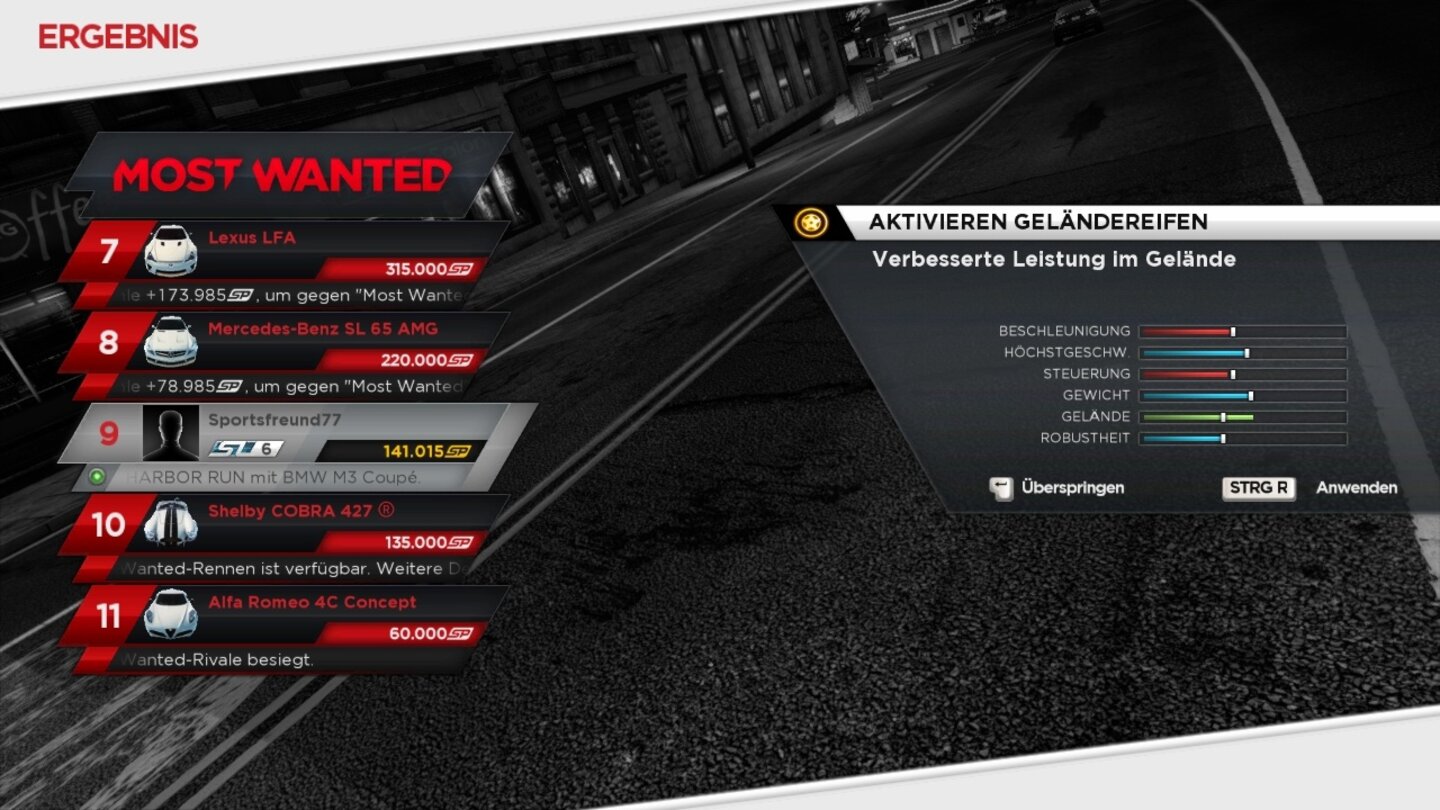 Need for Speed: Most Wanted (PC)Finanzamt-Atmosphäre in einem Street Racer: Links sehen Sie unsere furchterregenden Rivalen, rechts tunen wir gerade unser Auto.