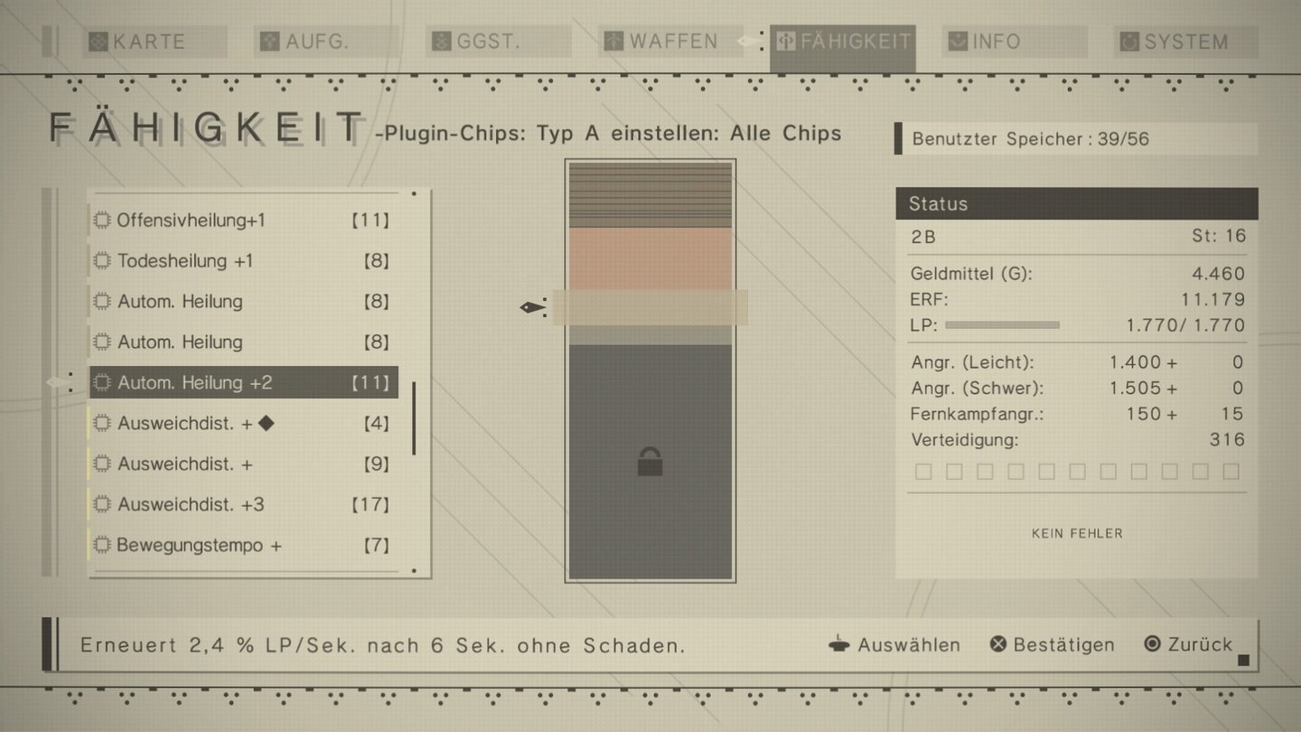 Nier: Automata
Wir können nicht nur Waffen und die kleinen Begleit-Bots erweitern, sondern es lassen sich auch Perks im Fähigkeiten-Menü ausrüsten.