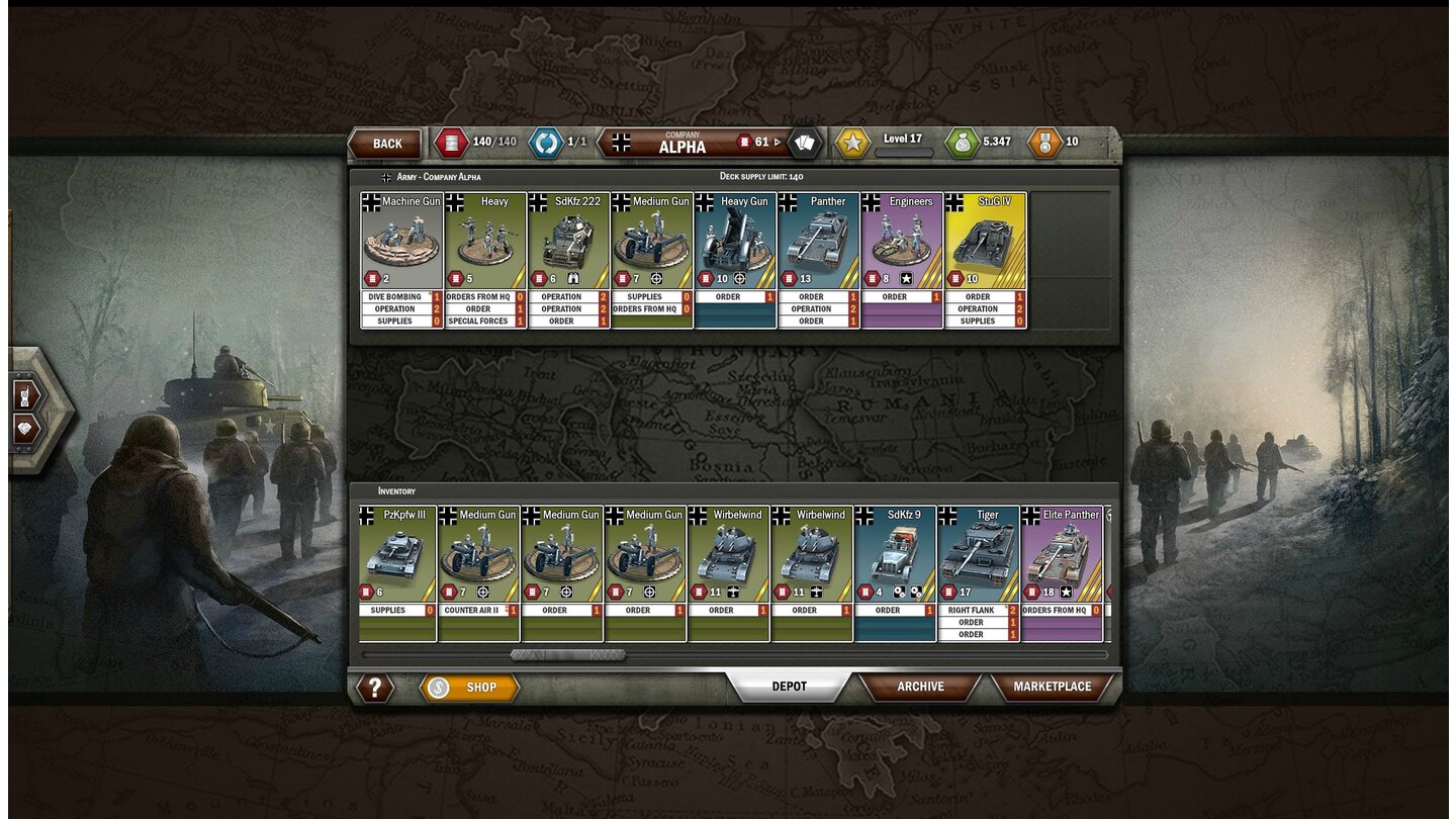 Panzer General OnlineUnsere Kernarmee stellen wir aus Truppentypen zusammen, die wir mit Karten verknüpfen. Der Elite Panther rechts unten ist zwar mächtig, braucht aber 18 Ressourcenpunkte – und jedes Gefecht hat ein Punktelimit.