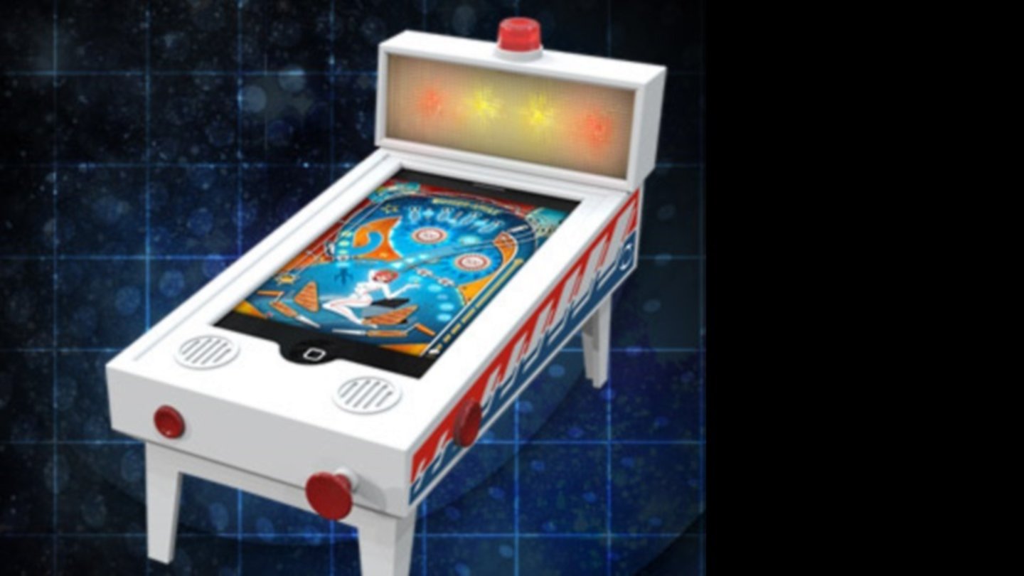 Nach dem Kicker und dem Spielautomaten hier ein Dock, das mit der notwendigen App aus dem iPhone einen Flipper oder neudeutsch Pinball-Automaten macht.