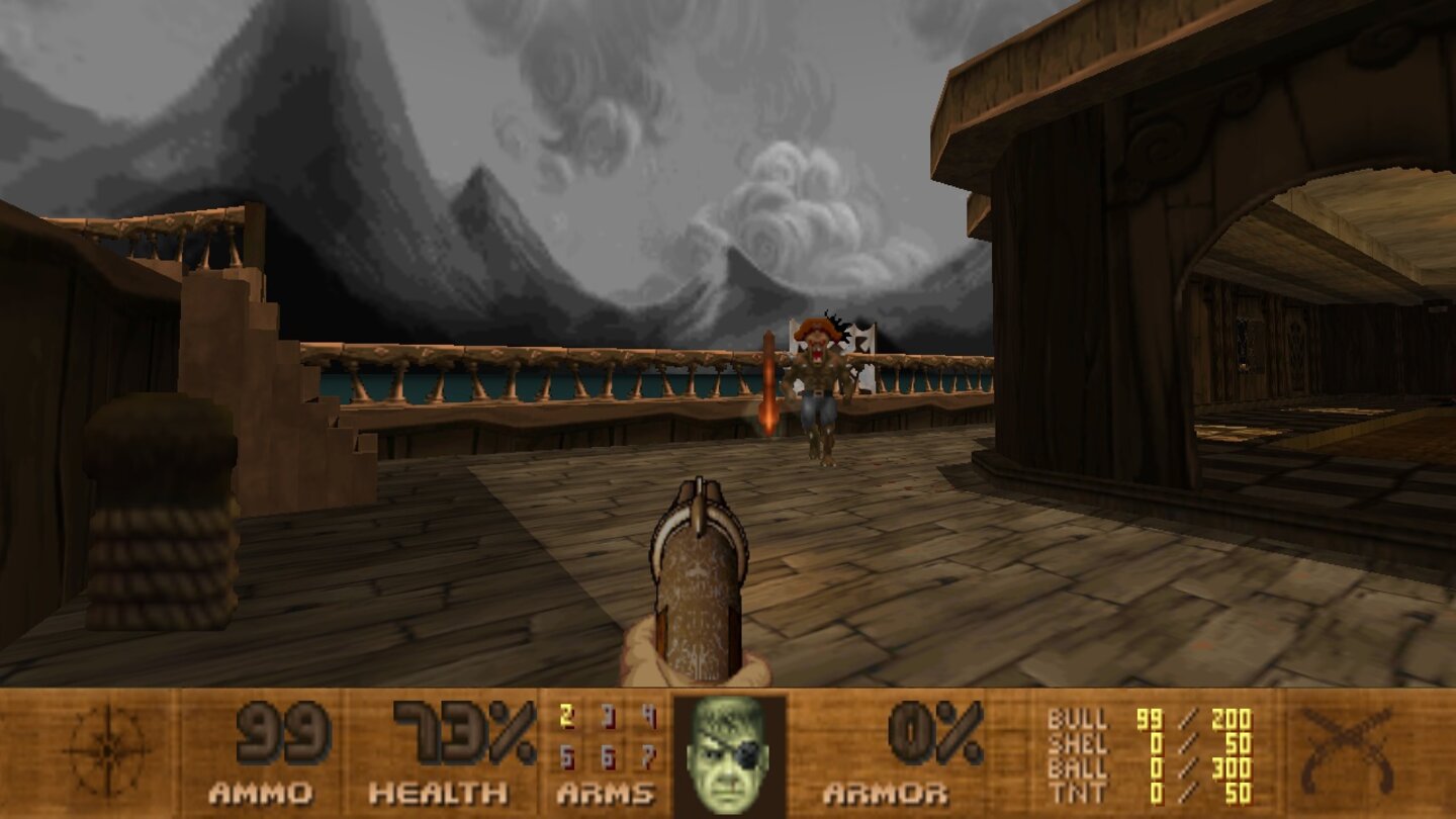Pirate DoomAlle Monster haben eine grafische Piratisierung hinter sich und tragen Hosen, Hüte und Augenklappen. Imps werfen anstatt Feuerbällen jetzt Beile.