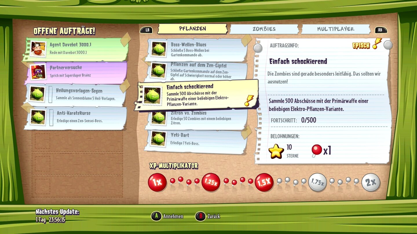 Plants vs. Zombies: Garden Warfare 2Die Auftragstafel wird regelmäßig geupdatet. Nur wer regelmäßig Mini-Missionen macht, levelt schneller.