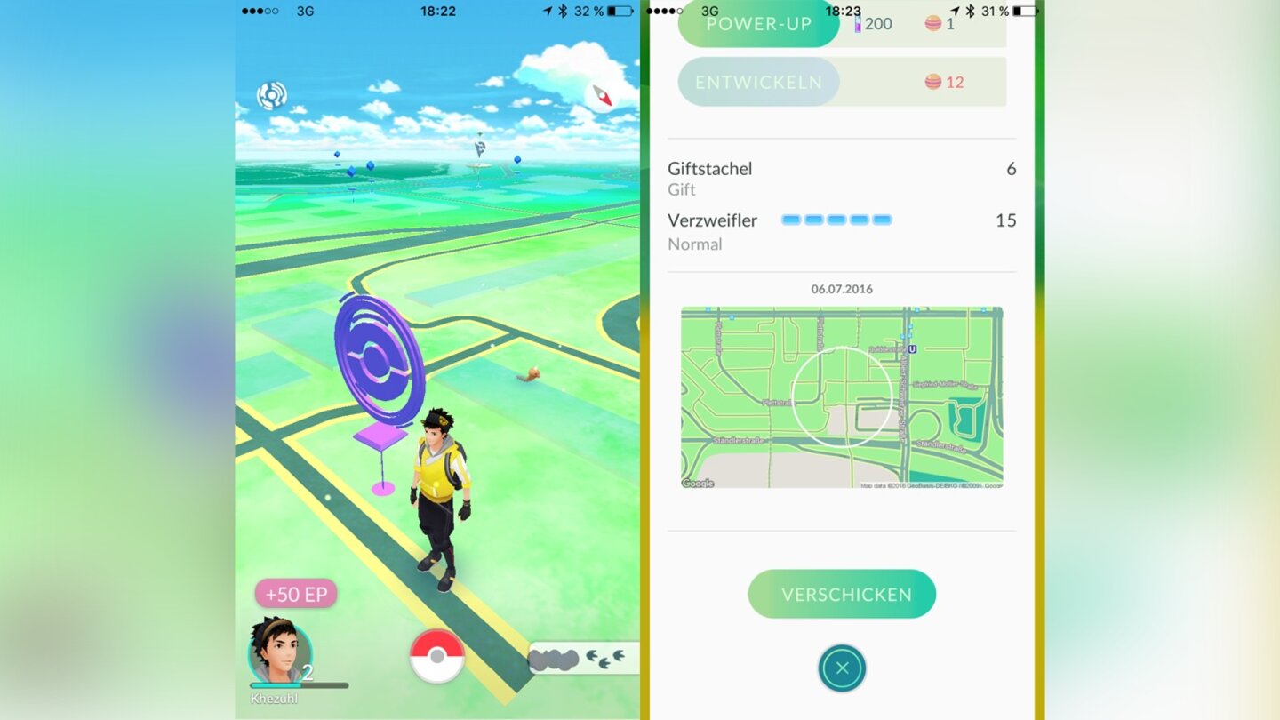 Knapp 20 Minuten später: Ich bin fast daheim, nehme noch fix einen Pokéstop ein (nun lila markiert) und schnappe mir mein erstes Hornliu, das aufgeregt durch meine Homezone hoppelt. Im Menü prüfe ich Stats wie Stärke und Gewicht, außerdem kann ich dank einer integrierten Karte jederzeit nachvollziehen, wo und wann ich das Würmchen gefangen habe - cool!