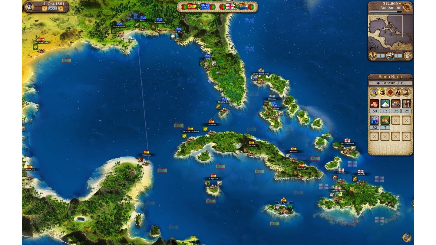 Port Royale 3Weit herausgezoomt passt fast die gesamte Karibik auf den Bildschirm.