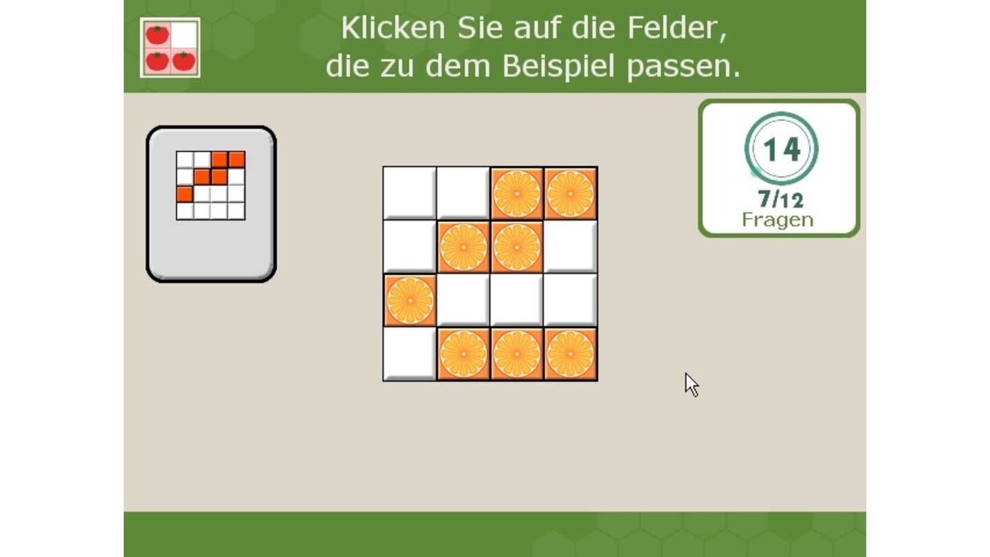 Puzzle 1: Ändern Sie die Farben der Felder, um ein vorgegebenes Muster nachzubauen.