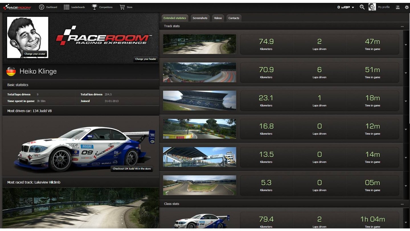 RaceRoom Racing ExperienceIm Online-Profil können wir unsere Statistiken einsehen sowie Screenshots und Replays hochladen.