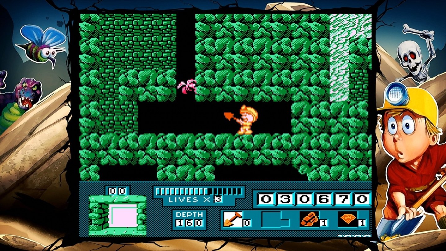 Digger T. Rock (NES, 1990)
Sehr antiquiertes Gehüpfe durch Höhlenkomplexe: Digger muss den Ausgang finden und sich nebenbei zahlreicher Gefahren erwehren.
Wertung: * von ***