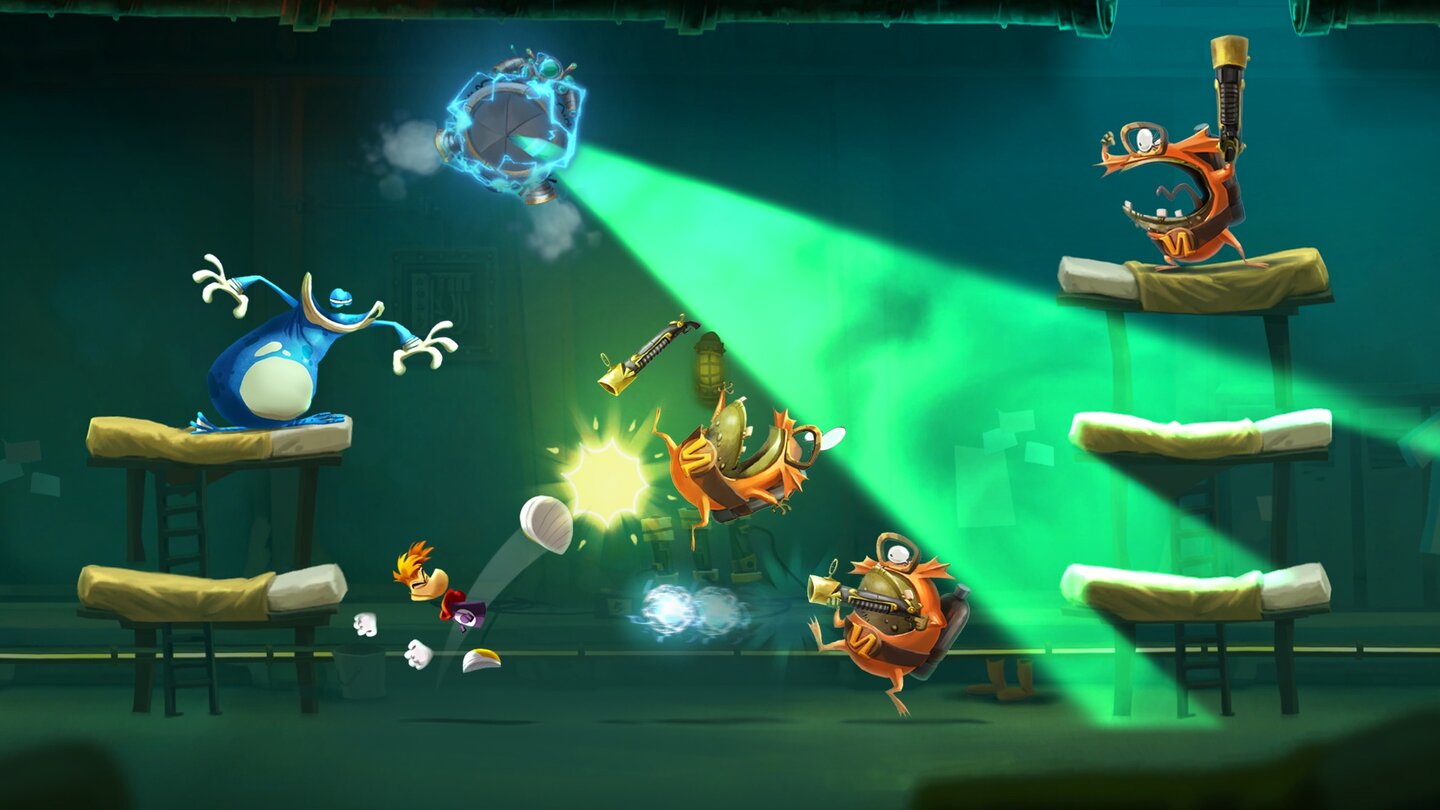 Rayman LegendsIn diesem Geheimagentenlevel dürfen wir uns bloß nicht von den Scheinwerfern erwischen lassen.