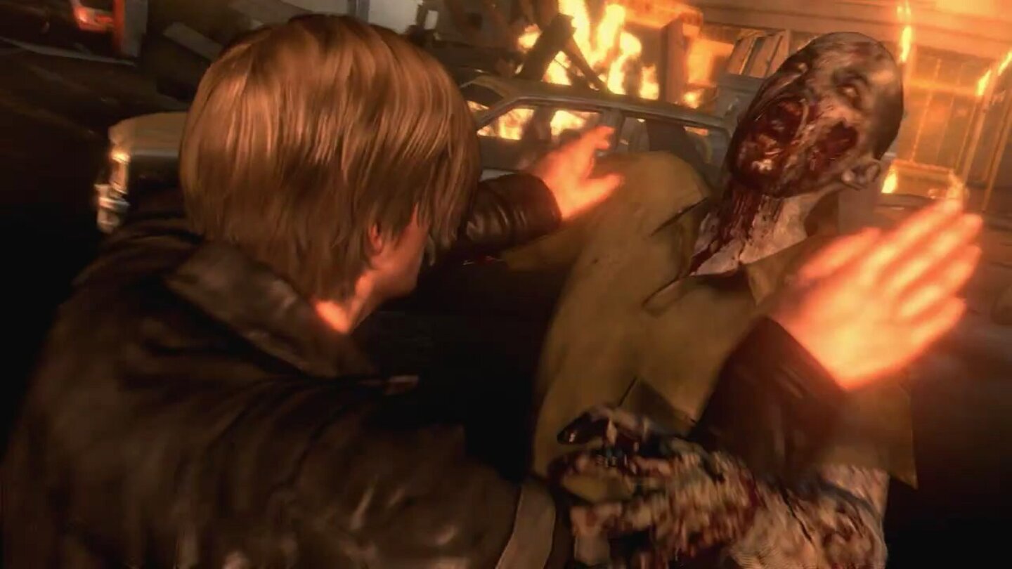 Resident Evil 6 – Trailer-AnalyseEin Zombie springt den stillstehenden Leon an.