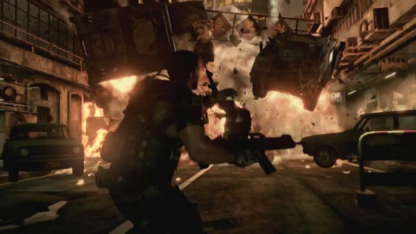 Resident Evil 6 – Trailer-AnalyseFlucht ist jedoch gar kein schlechter Gedanke: Plötzlich zerlegt eine gewaltige Explosion die ganze Straße.