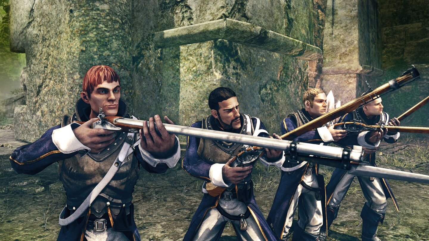 Risen 2Auf Seiten der Inquisition folgt uns hingegen der Gewehrschütze Venturo (der Rotschopf unten links), der uns auch Schusswaffen-Talente lehrt.