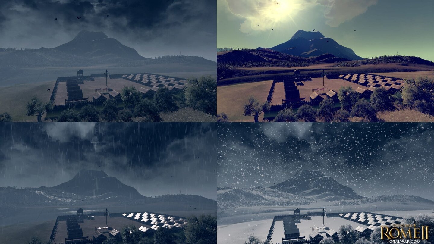 Total War: Rome 2Verschiedene Wetter-Effekte am Fuß des Vesuvs: Schnee, Regen, Sonnenschein und dunkle Wolken über einem Legionslager.