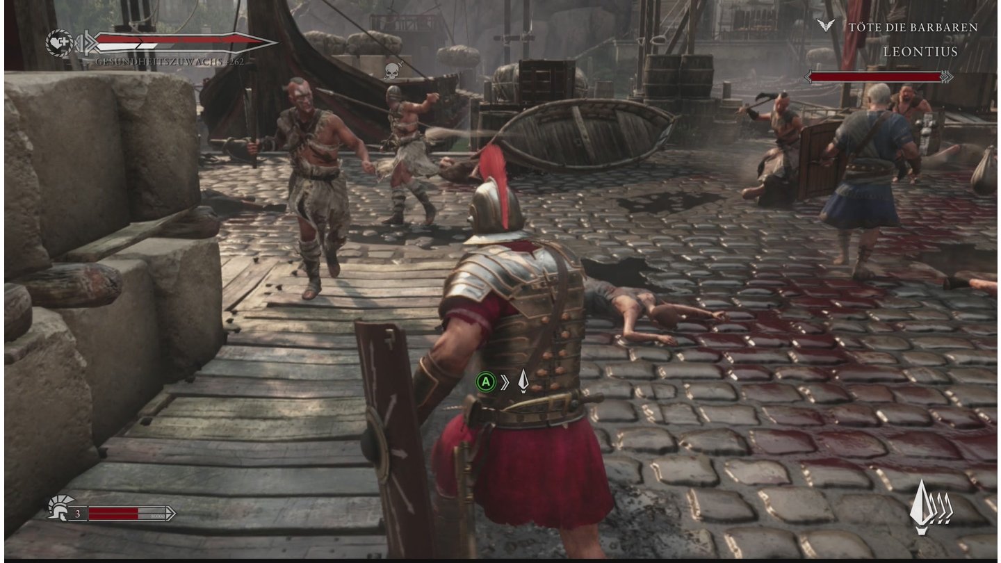 Ryse: Son of Rome - Eigene ScreenshotsWährend wir dem Gegner im Hintergrund gerade einen Speer durch die Brust geworfen haben, hat seine Kollege die Lektion wohl noch nicht gelernt.