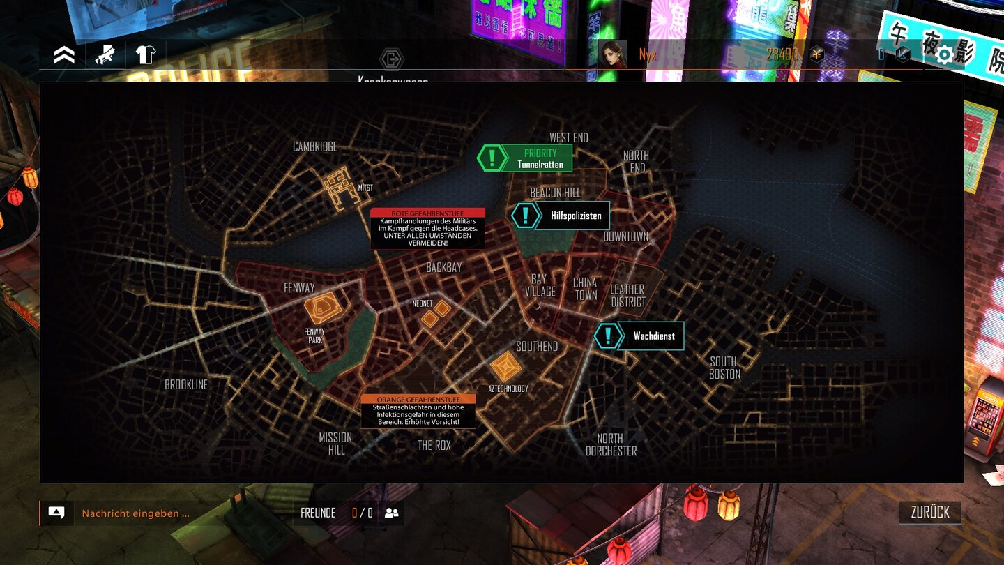 Shadowrun Chronicles: Boston LockdownAuf dieser Karte wählen wir die nächste Mission aus, meistens gibt es aber ohnehin nur eine Möglichkeit – Nebenmissionen wie hier sind vergleichsweise selten.