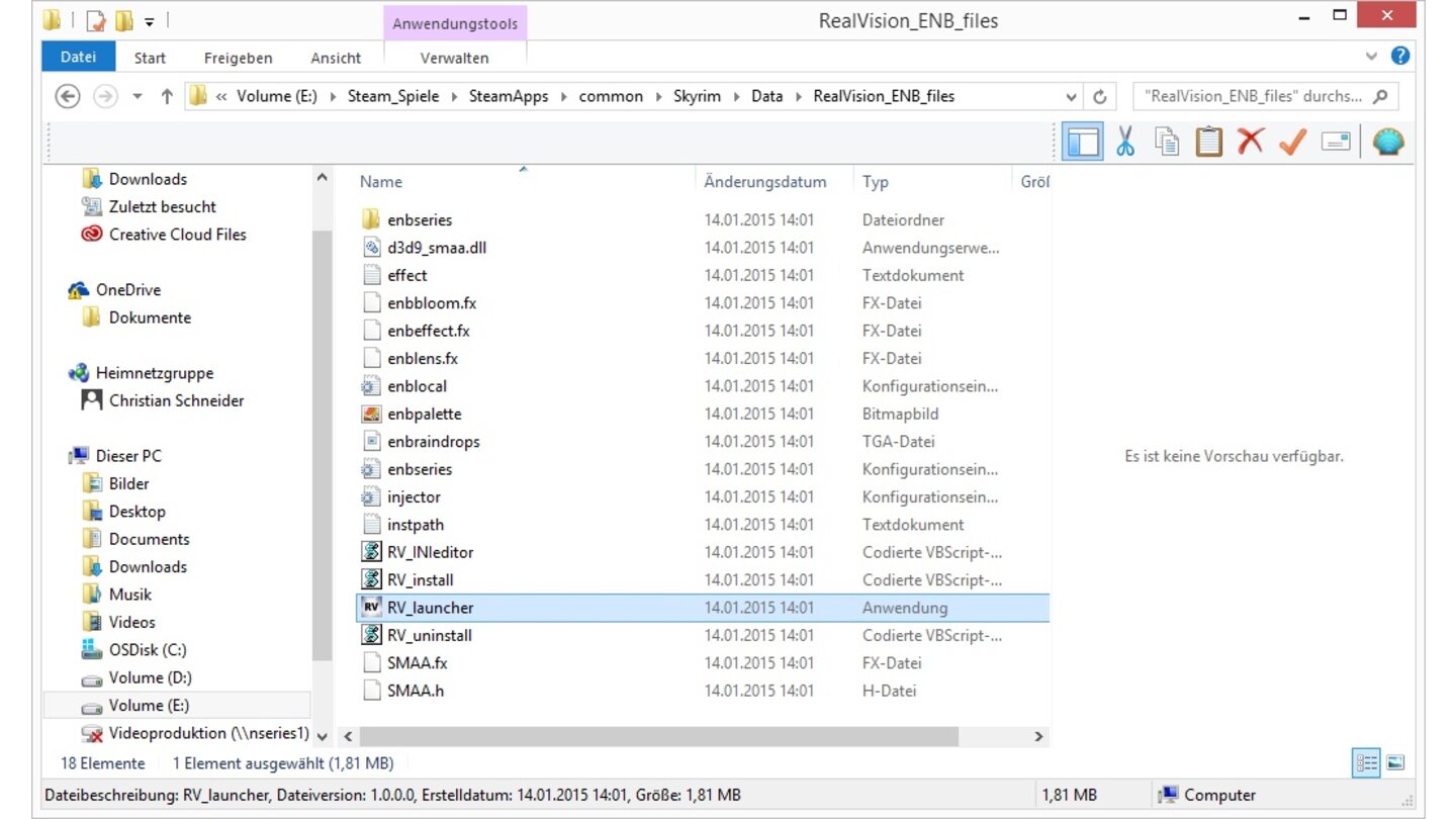 Skyrim Mod Anleitung - Schritt 29Nun in den Steamordner von Skyrim navigieren (meist unter Programme/Steam/steamapps/common/Skyrim) und den Ordner »RealVision_ENB_files« öffnen, der sich im »Data«-Ordner versteckt. Dort den »RV_Launcher« starten.
