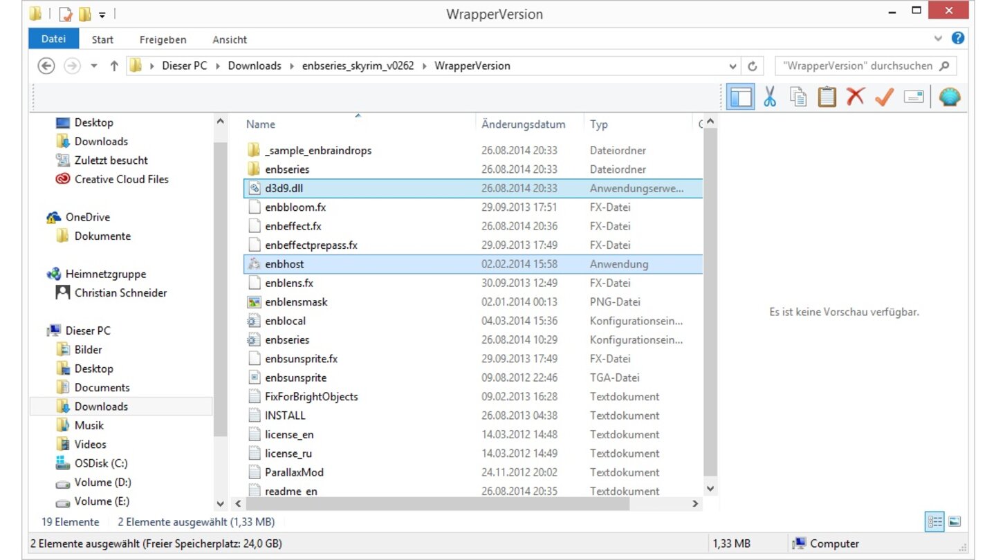 Skyrim Mod Anleitung - Schritt 24Aus dem Ordner namens »Wrapper« »d3d9.dll« und »enbhost.exe« kopieren...
