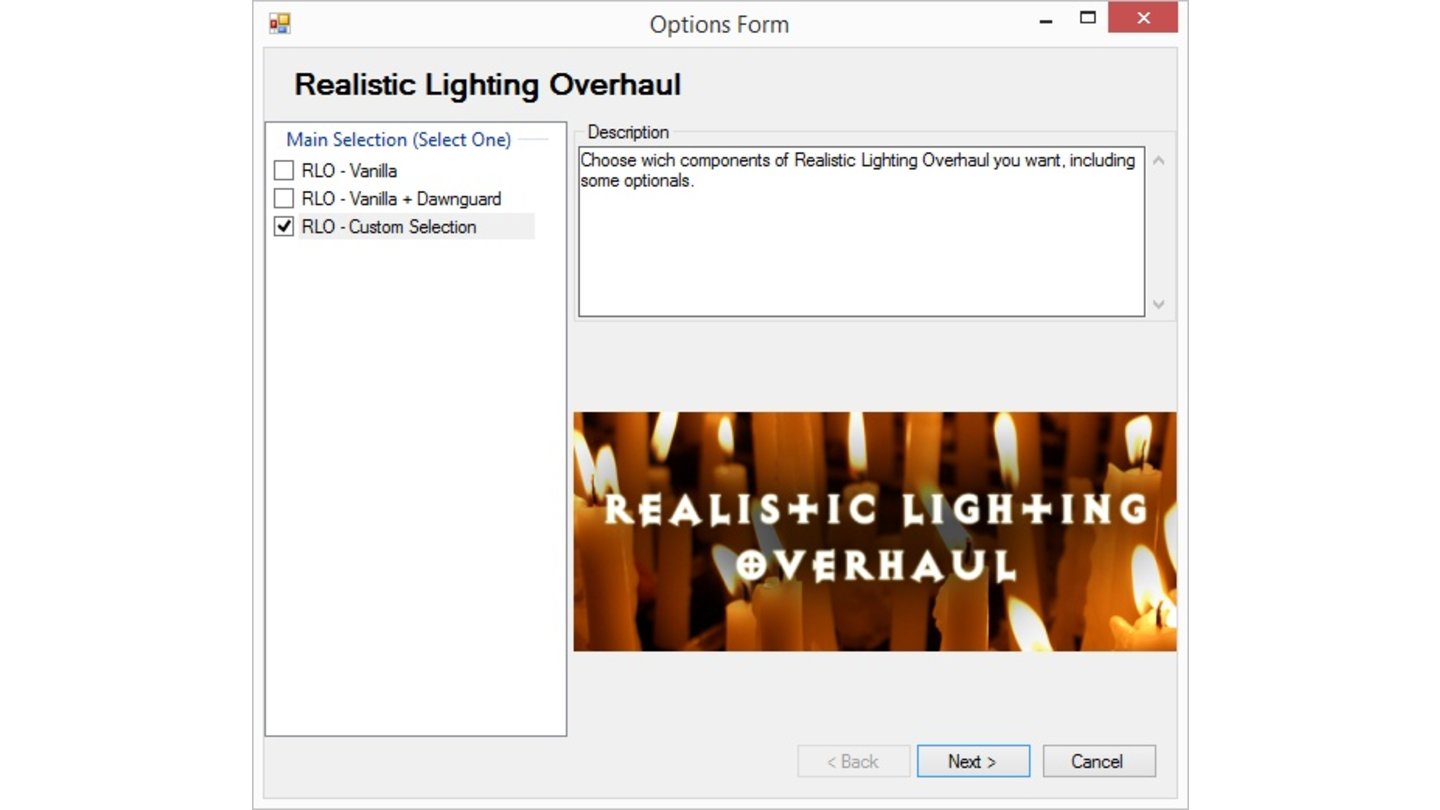 Skyrim Mod Anleitung - Schritt 21Im Auswahlfenster von »Realistic Lighting Overhaul« setzt man den Haken bei »RLO - Custom Selection« und klickt auf weiter.