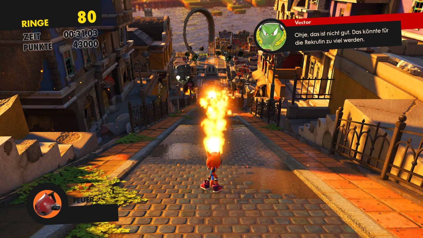 Sonic ForcesEuer Avatar kann zwischen diversen Spezialmanövern wählen. Mit dem Feuer-Wispon verschmurgelt ihr problemlos die Gegner.