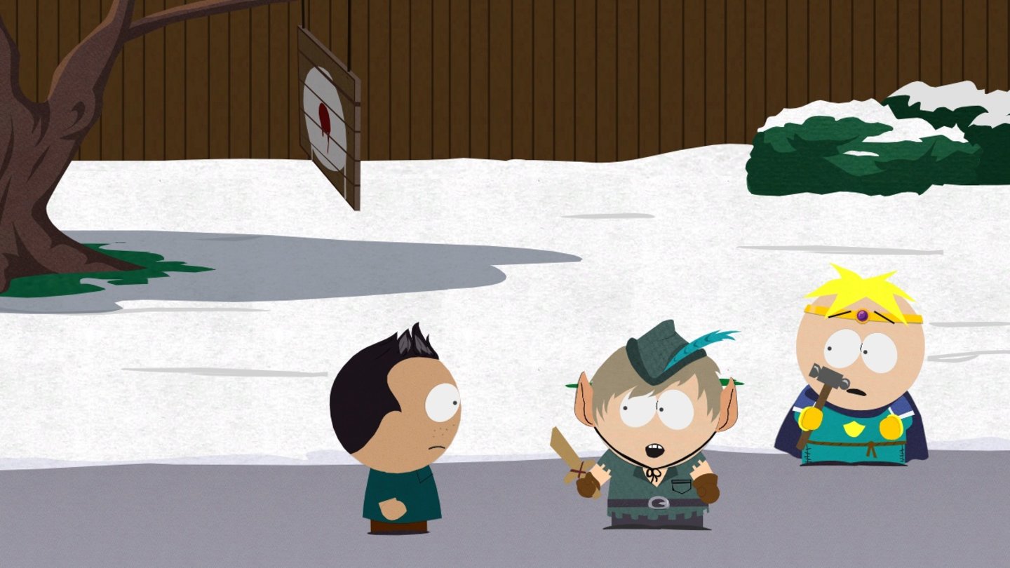 South Park: Der Stab der WahrheitEin Blick auf den Hintergrund offenbart die Zielscheibe. Man kann sie mit Pfeil und Bogen treffen und sie wackelt. Wow. Andere Objekte lösen jedoch nützlichere Effekte aus und offenbaren zum Beispiel versteckte Wege.