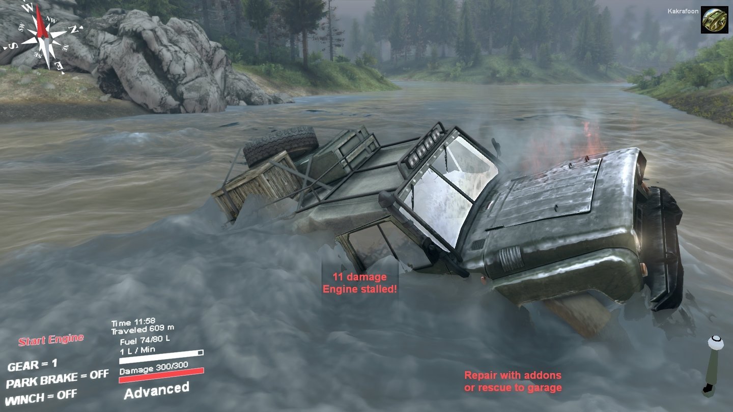 Spintires: Offroad-Truck-SimulatorÜberschätzt der Fahrer die Fähigkeiten seines Fahrzeugs, endet eine Flussüberquerung auch schon mal mit abgesoffenem Motor im Desaster.
