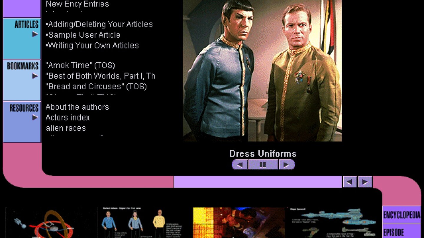Star Trek Omnipedia (1995)Das umfassendste Multimedia-Nachschlagewerk ist diese CD-ROM-Ausgabe der Buch-Enzyklopädie von den Trek-Gelehrten Michael und Denise Okuda. 1997 und 1999 erscheinen erweiterte Versionen.