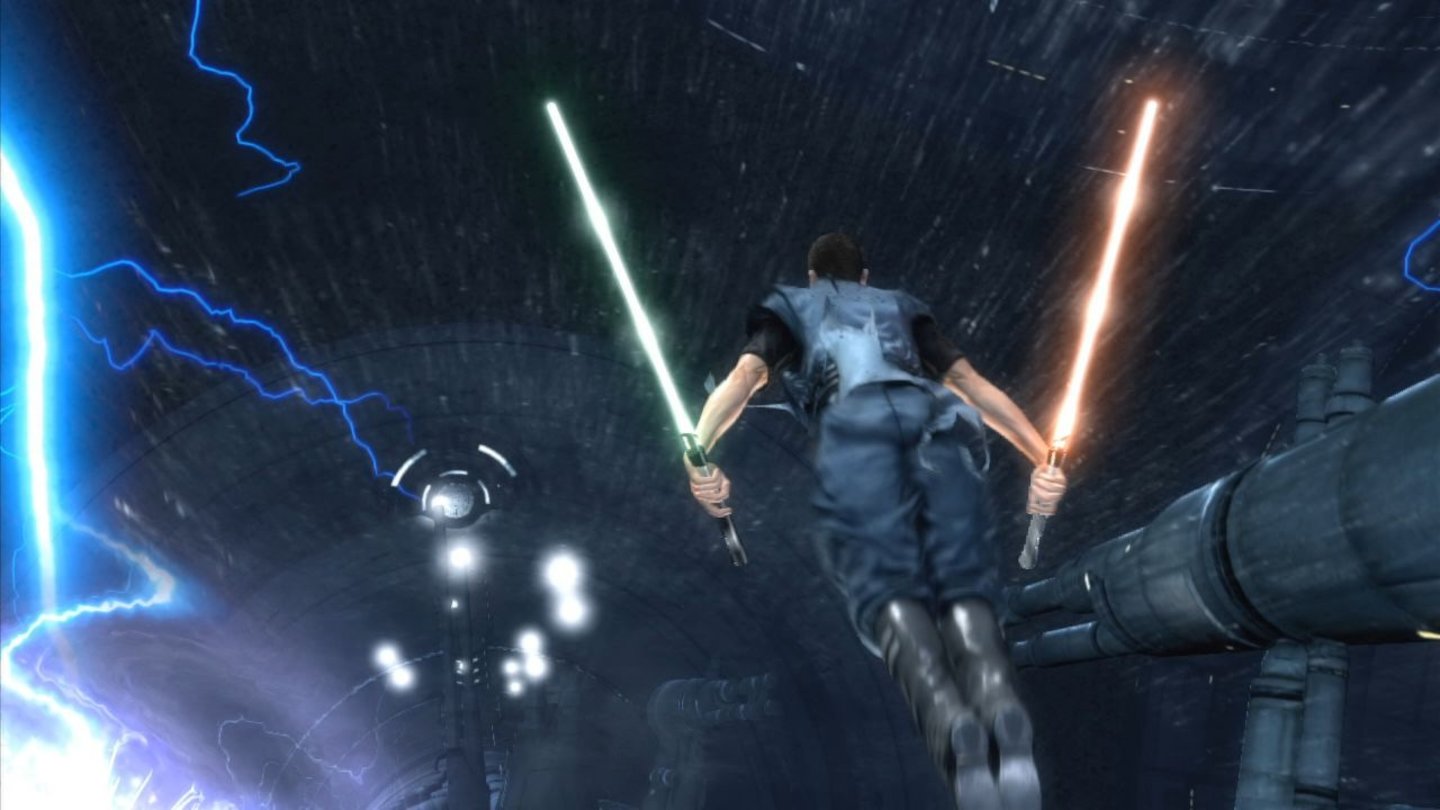 Star Wars: The Force Unleashed 2Spektakulärer könnte das Spiel kaum losgehen: Starkiller stürzt im Regen von Kamino in die Tiefe.